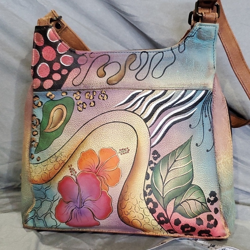 Anuschka animal print floral handpainted leather shoulder bag nwot